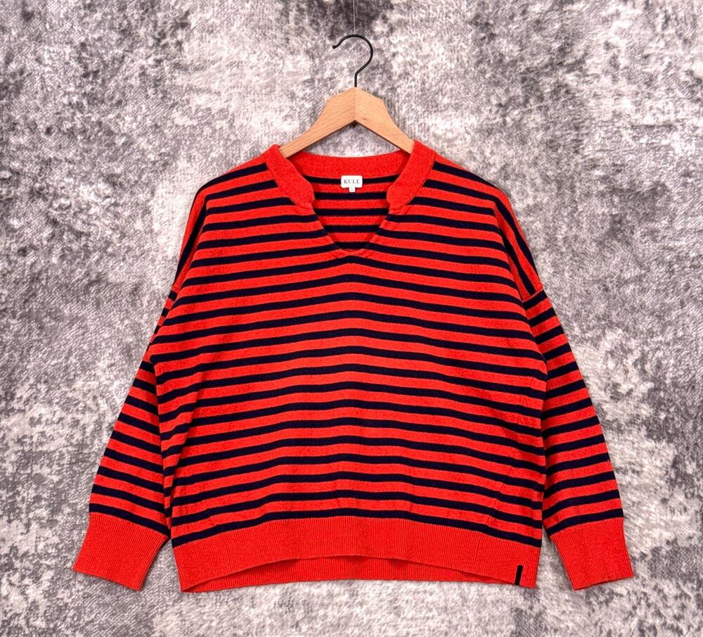 Kule Sweater Small Womens Orange & Blue Striped Knit Oversized Boxy Pullover